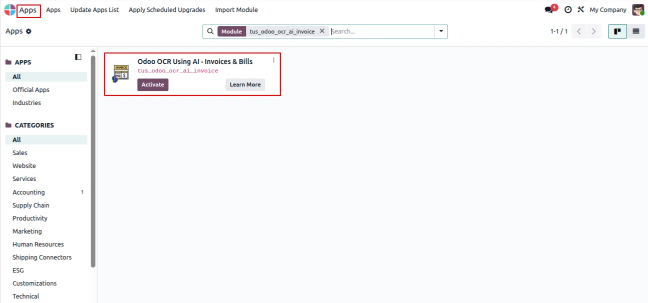 Installing the Odoo OCR AI Invoices & Bills module from Apps