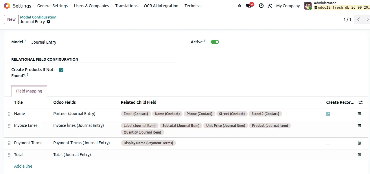 A customer invoice created in Odoo by the OCR AI extraction module
