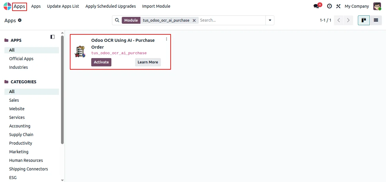 Installing the Odoo OCR AI Purchase Orders module from Apps