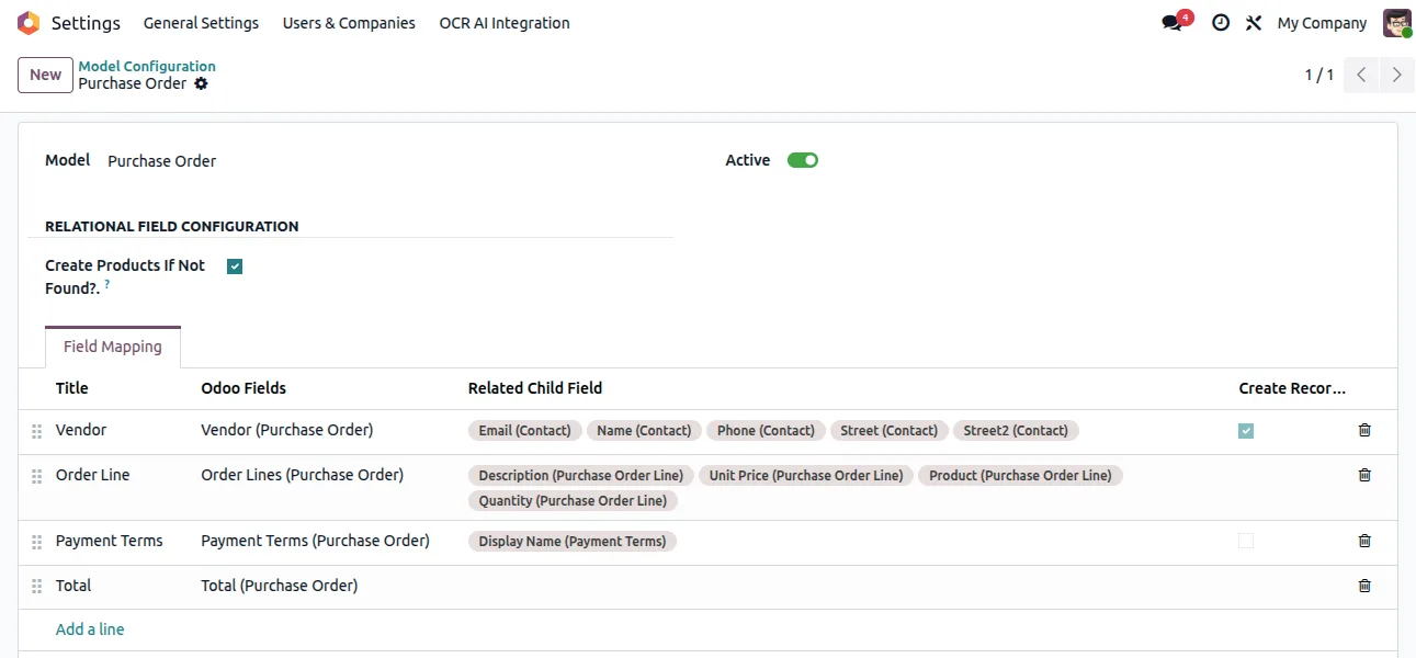 A purchase order created in Odoo by the OCR AI extraction module