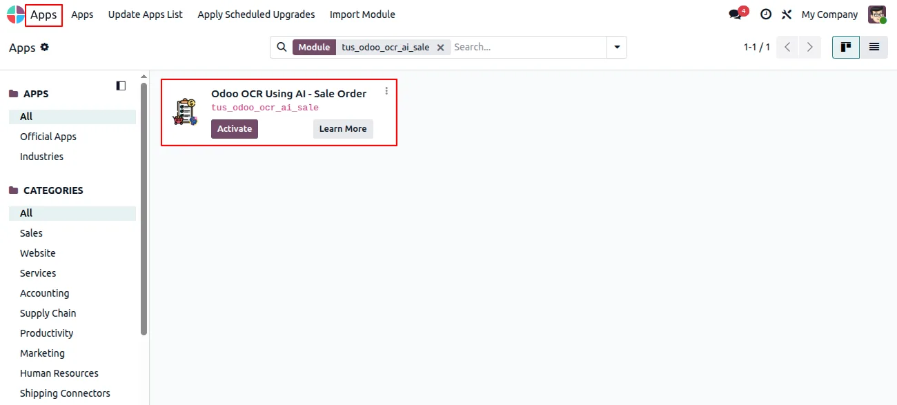 Installing the Odoo OCR AI Sale Orders module from Apps