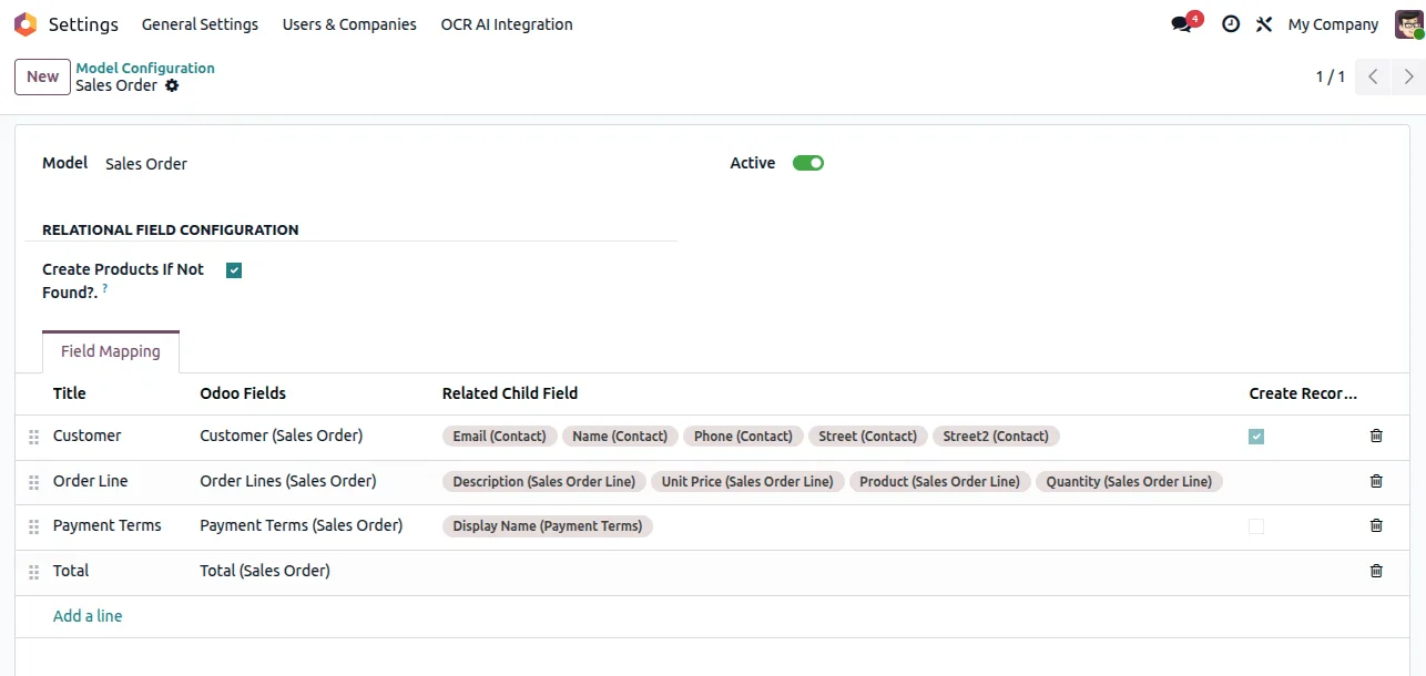 A sales order created in Odoo by the OCR AI extraction module