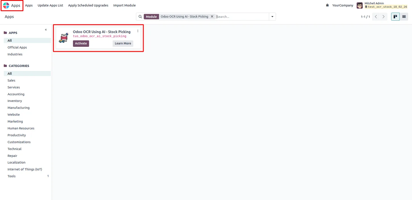 Installing the Odoo OCR AI Stock Picking module from Odoo Apps