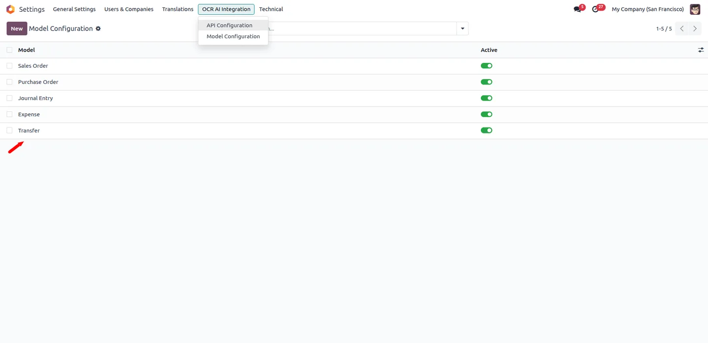 Model configuration mapping OCR fields to the Odoo stock picking