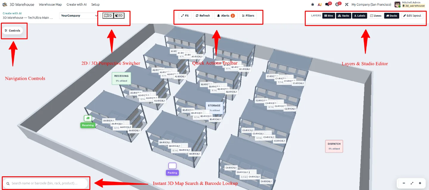 3D warehouse map in Odoo showing zones, aisles, and racks with the layout toolbar