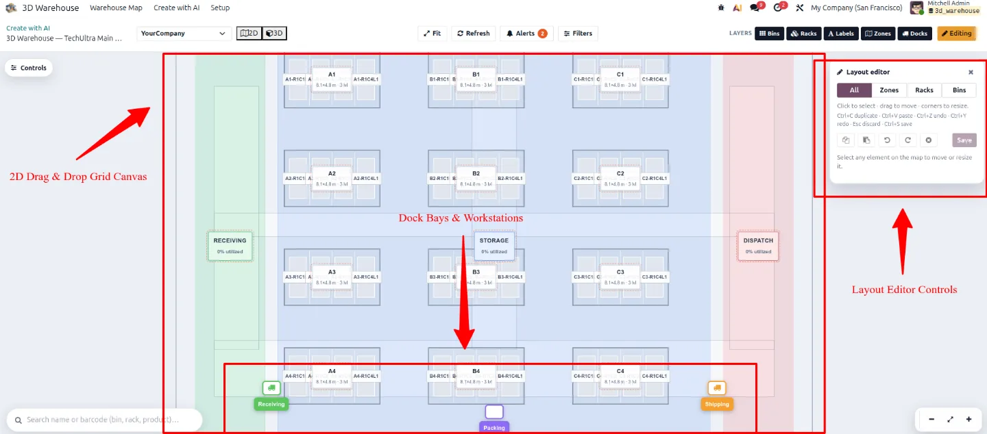 2D floor-plan view of the Odoo warehouse layout with rack rows and bin matrix