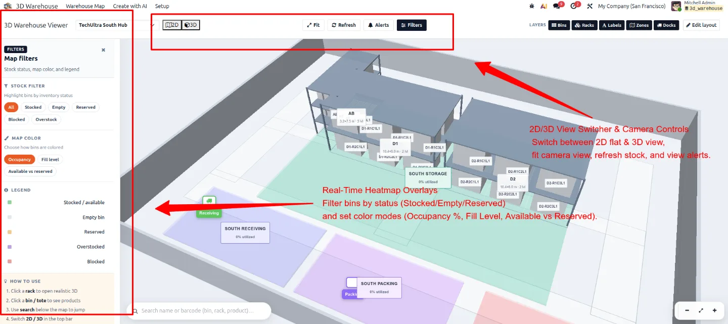 Drag-and-drop layout studio positioning warehouse zones and racks in Odoo