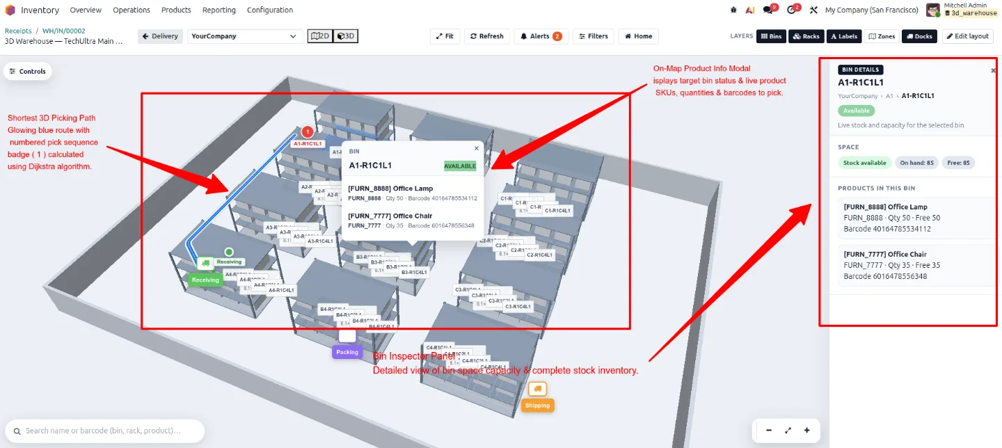 3D map with a bin inspection panel showing live quantities and capacity