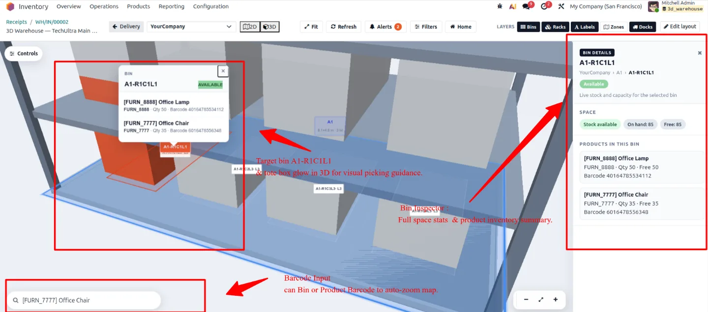 Close-up of a selective pallet rack rendered in 3D with stored totes