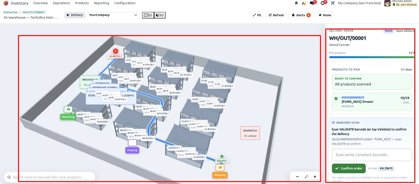 Delivery order picking view with the calculated walking route drawn on the warehouse map