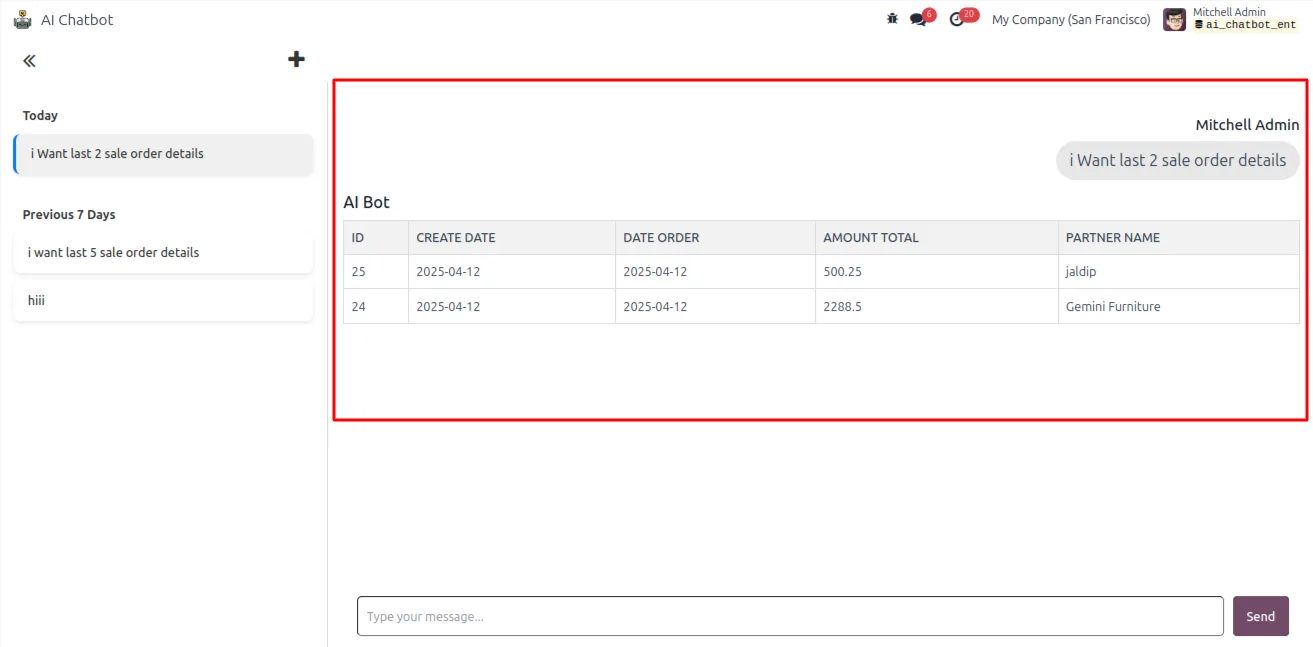 Odoo AI Chatbot showing invoice results in a formatted table