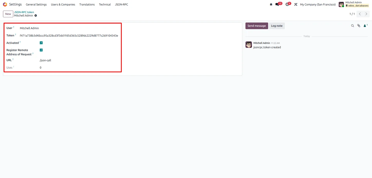 JSON RPC token configuration menu inside Odoo Settings