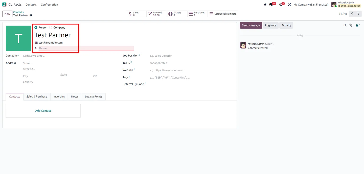 Token and user fields populated on an Odoo JSON RPC configuration record