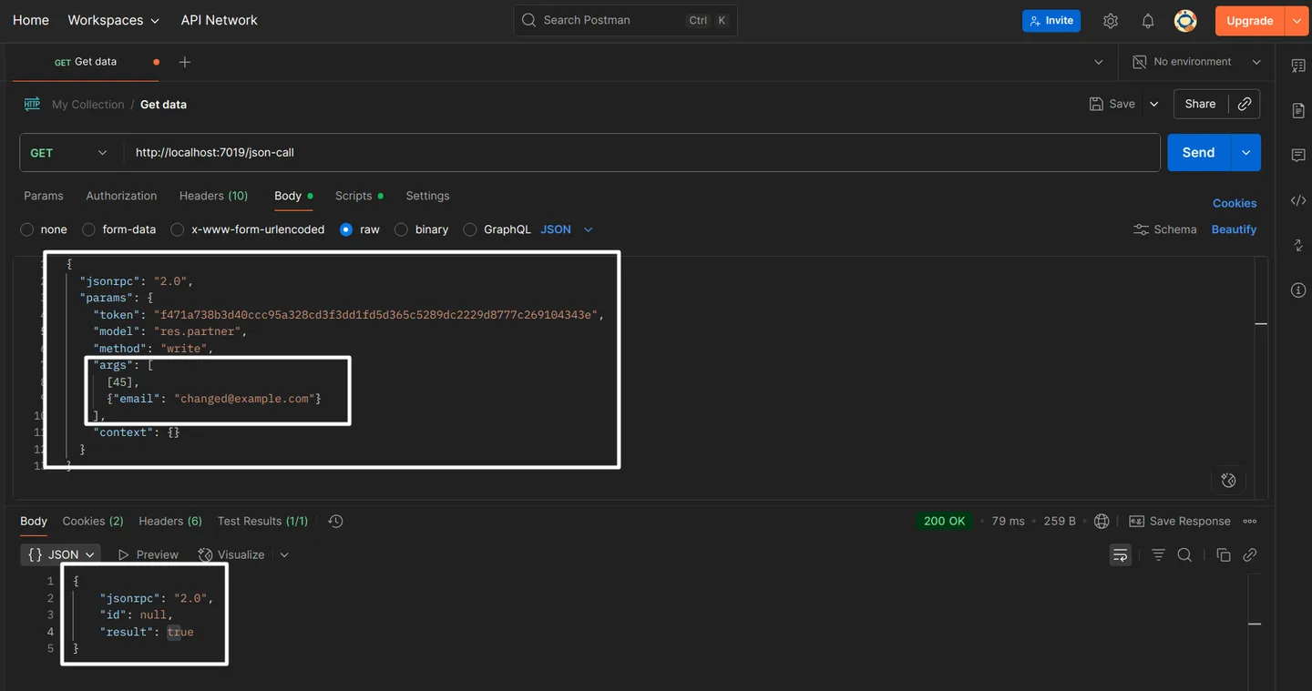 Create record JSON request and response shown in an API client