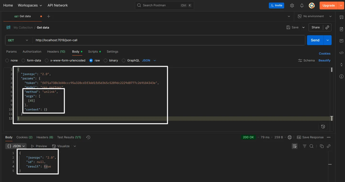 Unlink method JSON RPC call deleting an Odoo record
