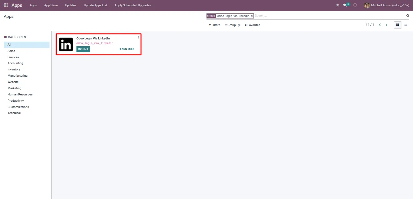 Odoo login page with a Sign in with LinkedIn button added by the module