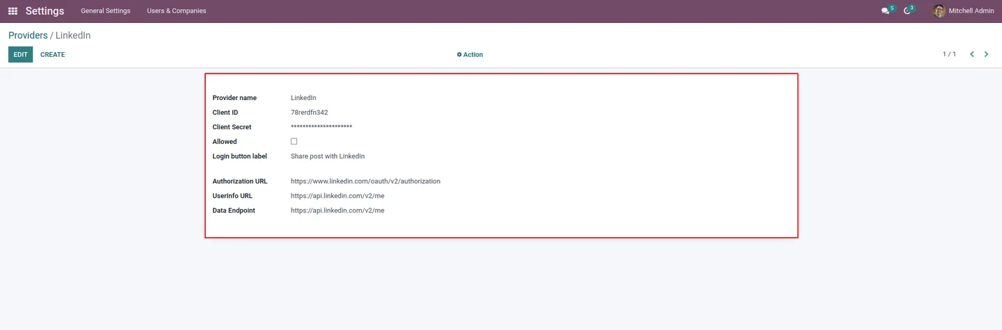 LinkedIn developer application Client ID and Client Secret used by the Odoo module