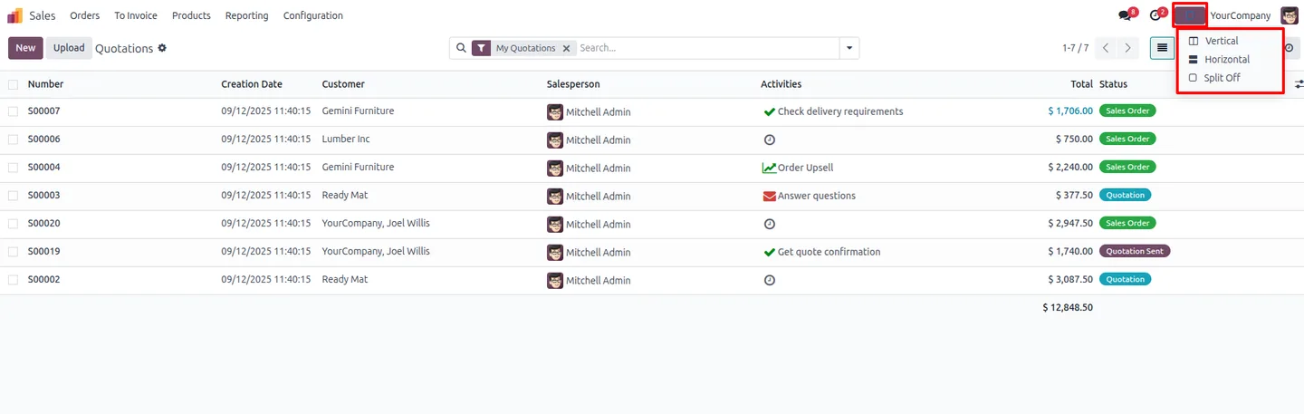 Split view layout options for choosing a vertical or horizontal panel in Odoo