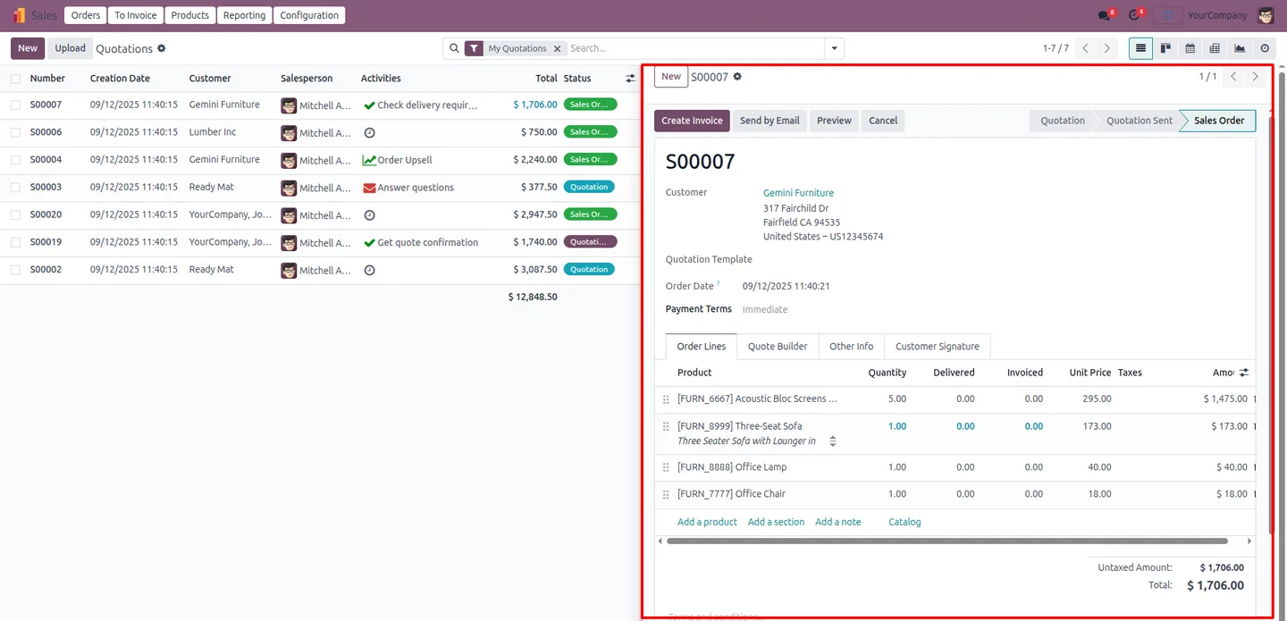 Vertical split view showing an Odoo record list beside a detailed form