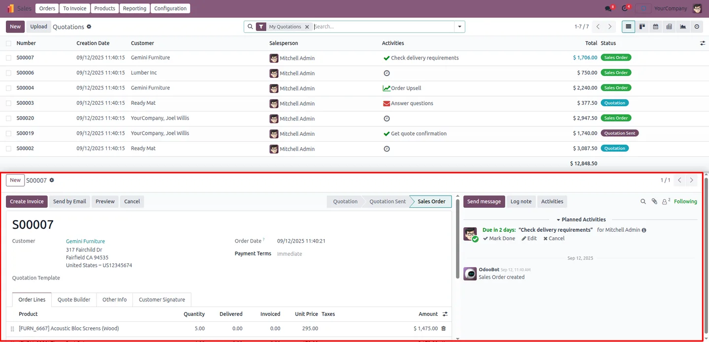 Horizontal split view with an Odoo list above a record form