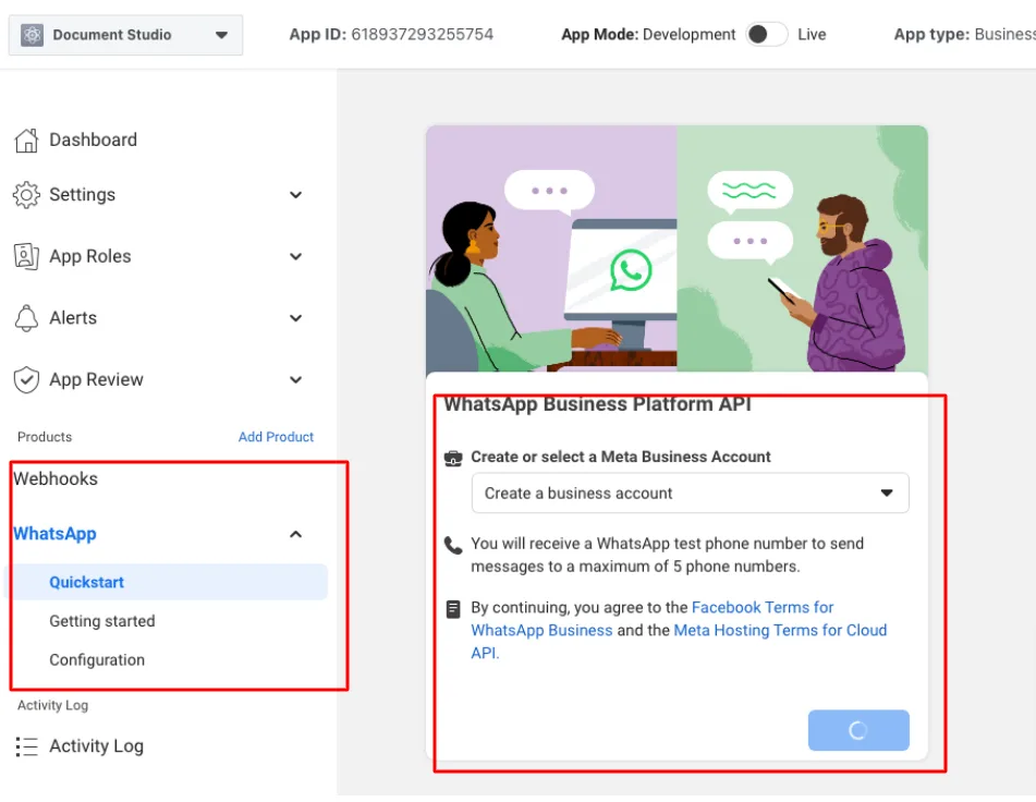 WhatsApp Cloud API quick start screen for the Odoo bundle
