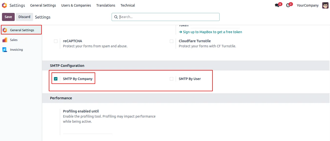 SMTP-by-company setting enabled in Odoo general settings