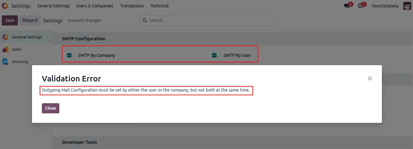 Validation warning when both company and user are set on an Odoo outgoing-mail server