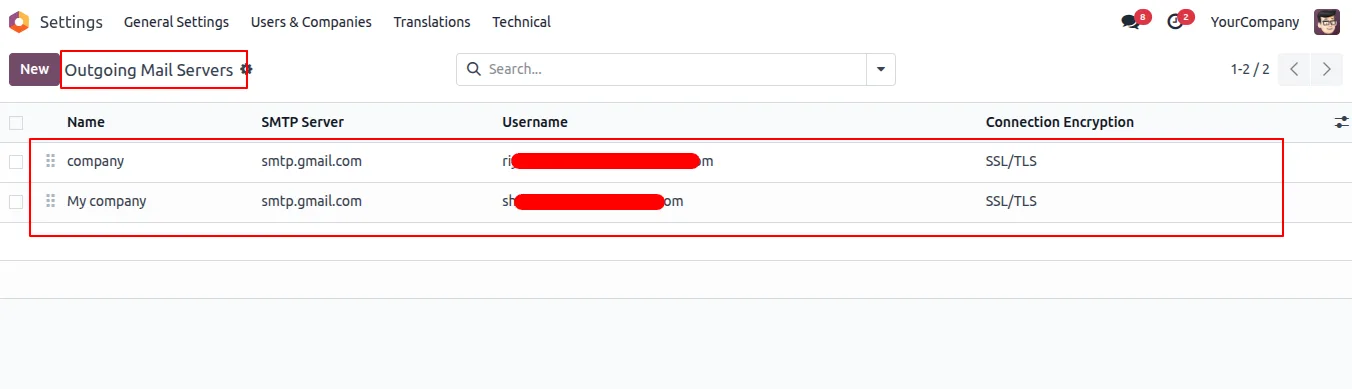 Configured outgoing-mail servers list in Odoo with per-company and per-user routing