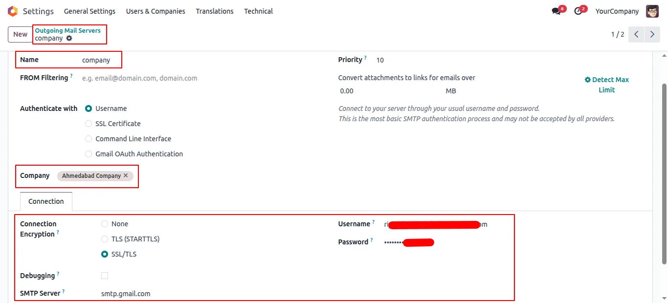 Outgoing-mail server tied to a specific company in Odoo