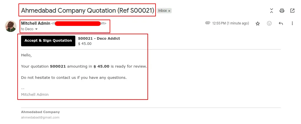 Inbox view of an email received from the company-specific Odoo SMTP