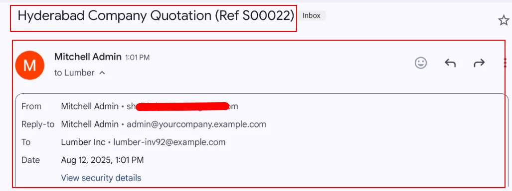 Inbox view of a user-specific email delivered from Odoo