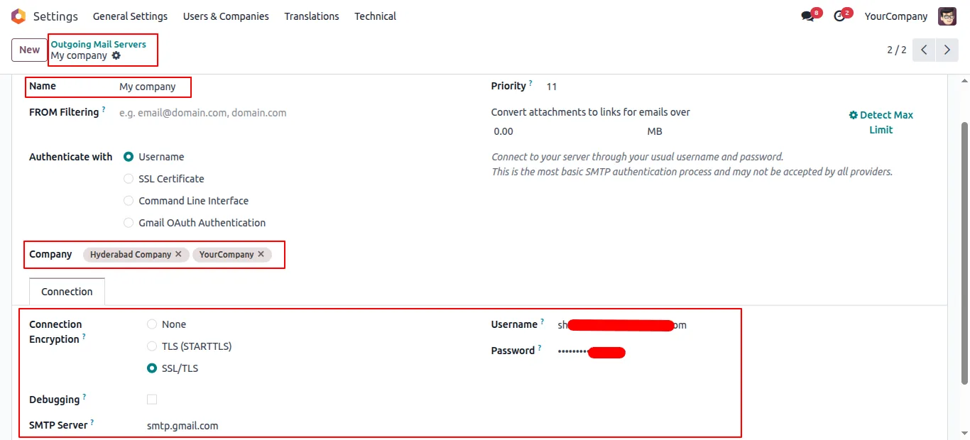 Outgoing-mail servers configured across multiple Odoo companies