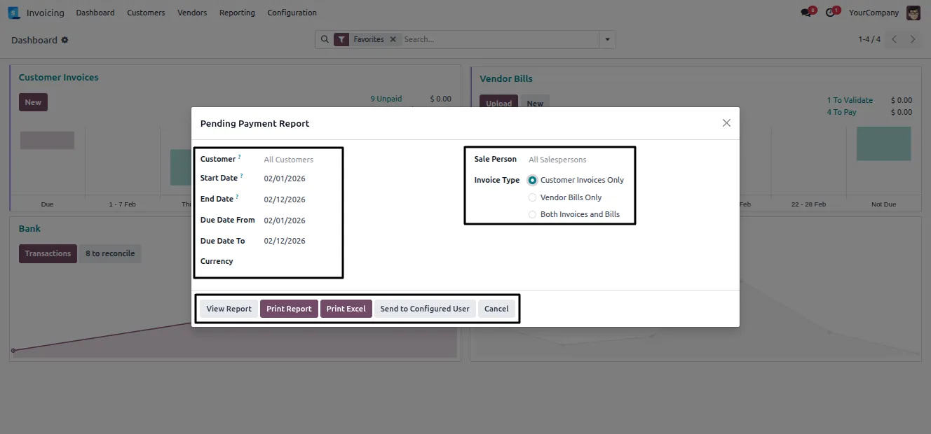 The pending payment report wizard with date and customer filters in Odoo