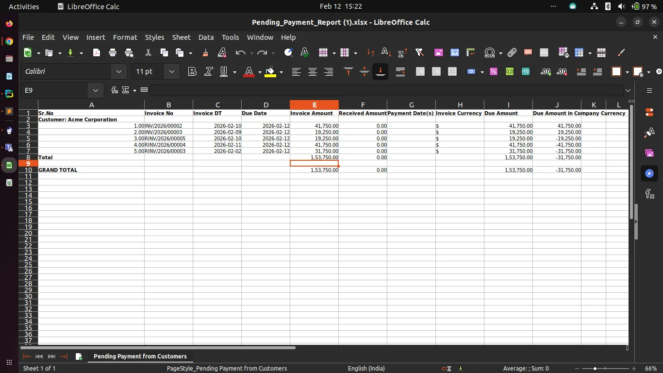 On-screen outstanding payment report preview grouped by customer in Odoo