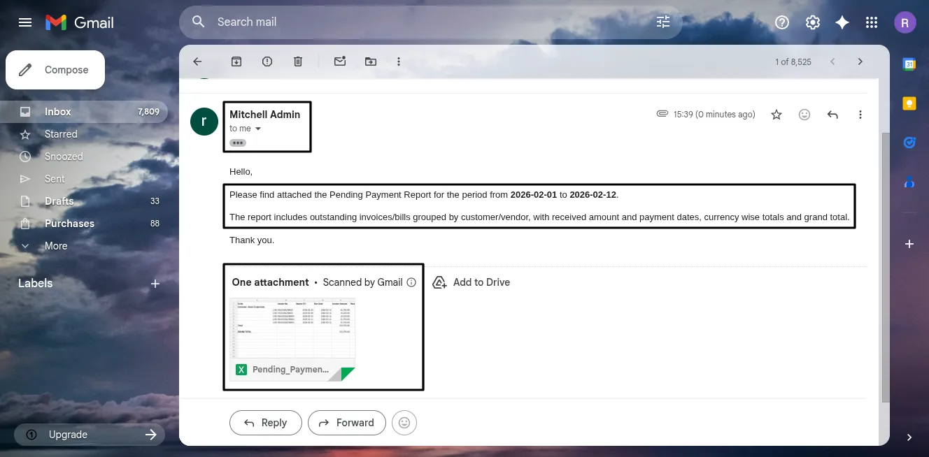 Exported Excel outstanding payment report from Odoo