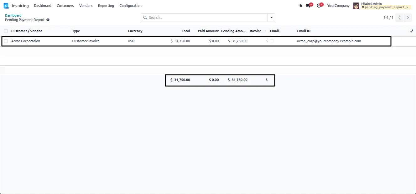PDF outstanding invoice and bill report generated by Odoo