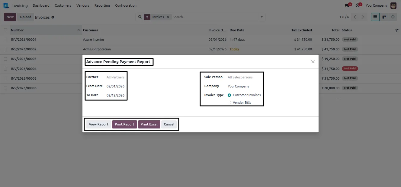 Pending-payment follow-up email sent to a configured user from Odoo