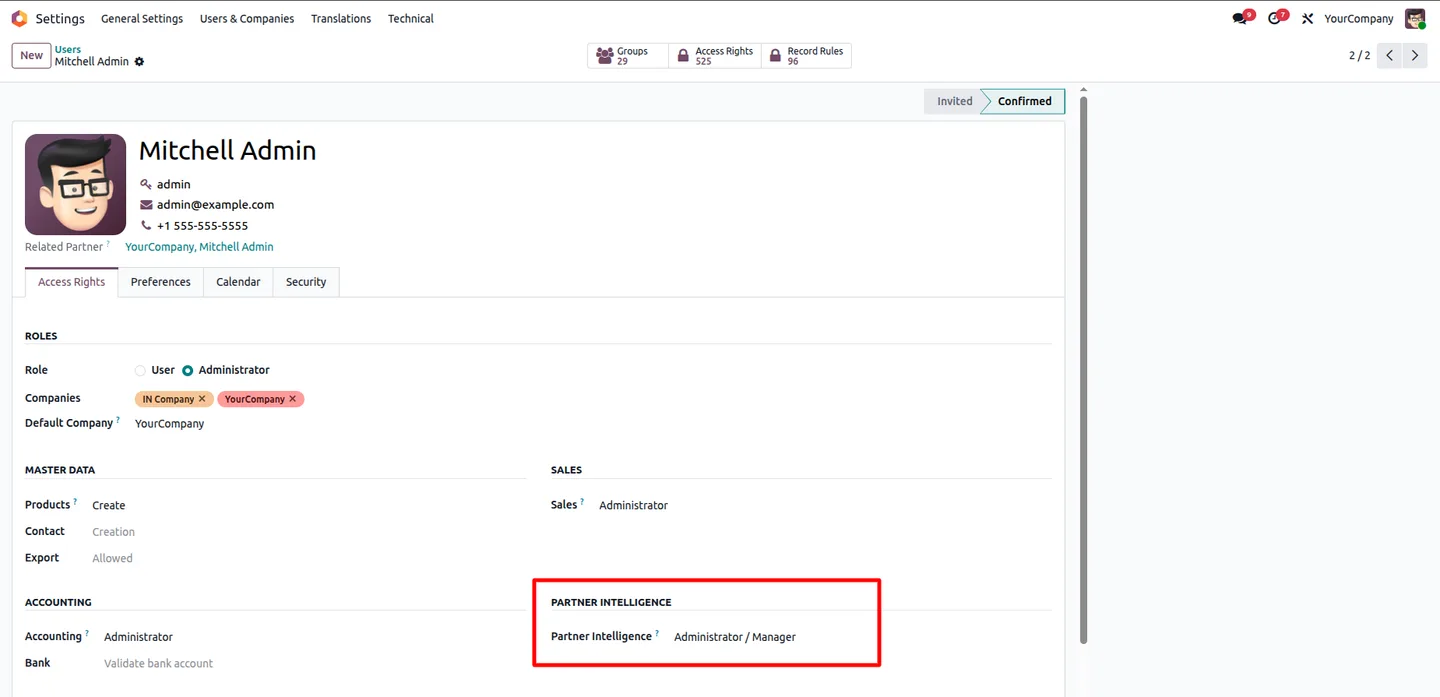 Odoo user Access Rights tab showing the Partner Intelligence role set to Administrator / Manager
