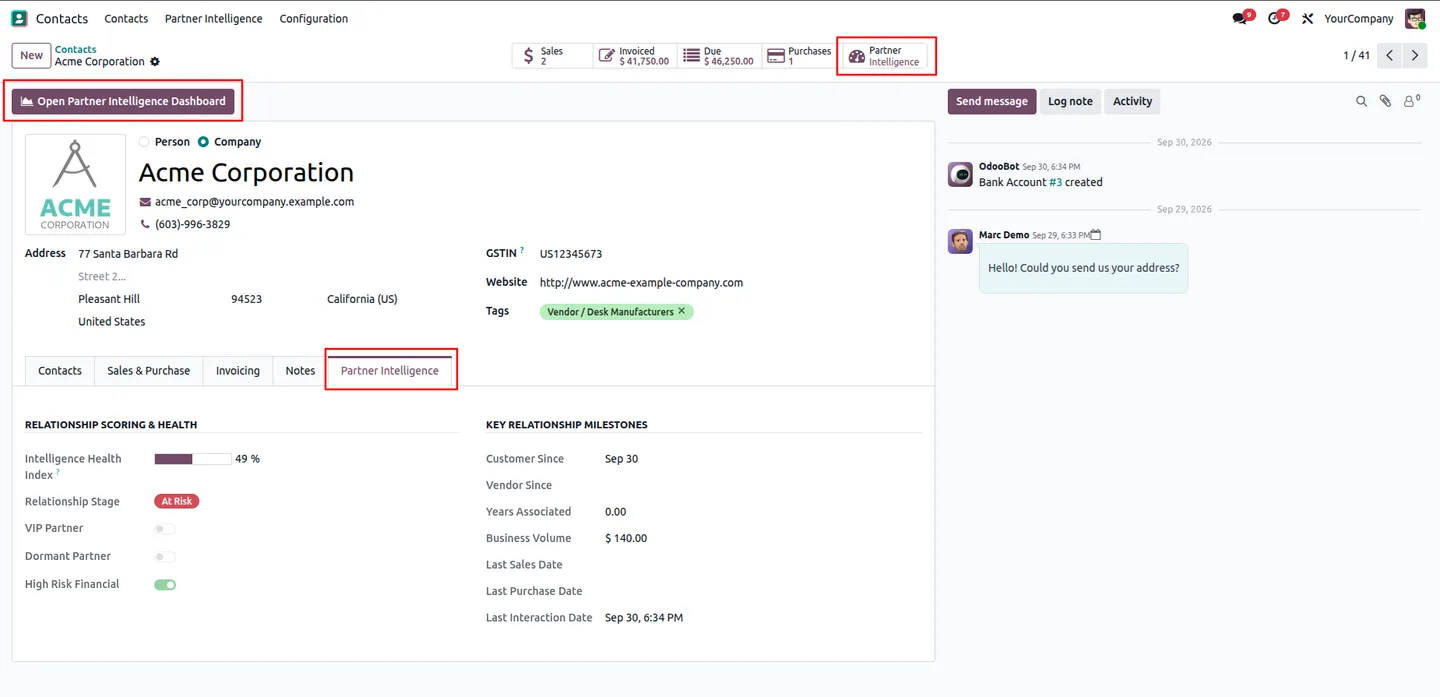 Contact form with the Partner Intelligence smart button, dashboard button and relationship scoring tab
