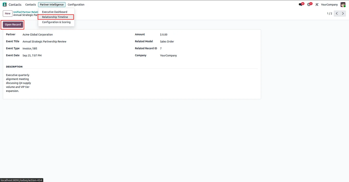 Relationship Timeline event linked to a partner, related model and record, with an Open Record button