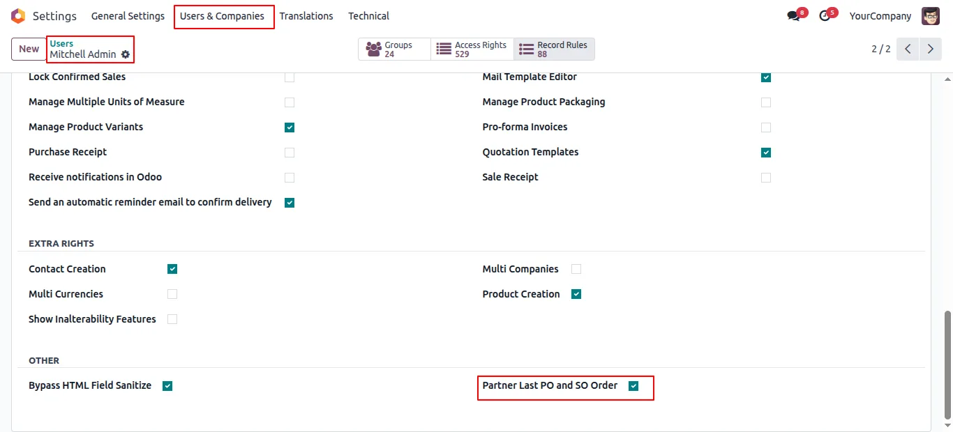 Access right configuration for Partner Last PO and SO Order in Odoo