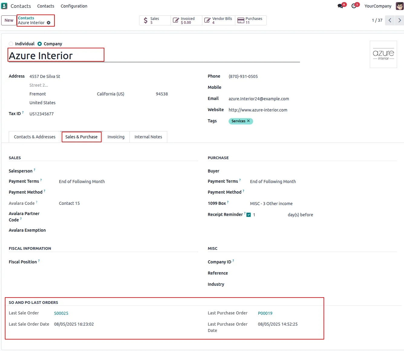 Partner contact form showing last sale and purchase order fields in Odoo