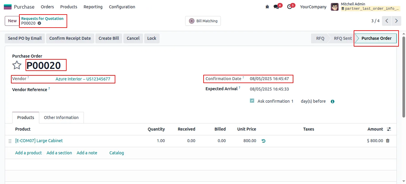 Confirming a purchase order linked to the same partner in Odoo Purchase