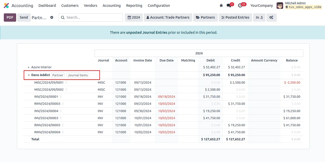 Partner Ledger report in Odoo with entries unfolded for selective export