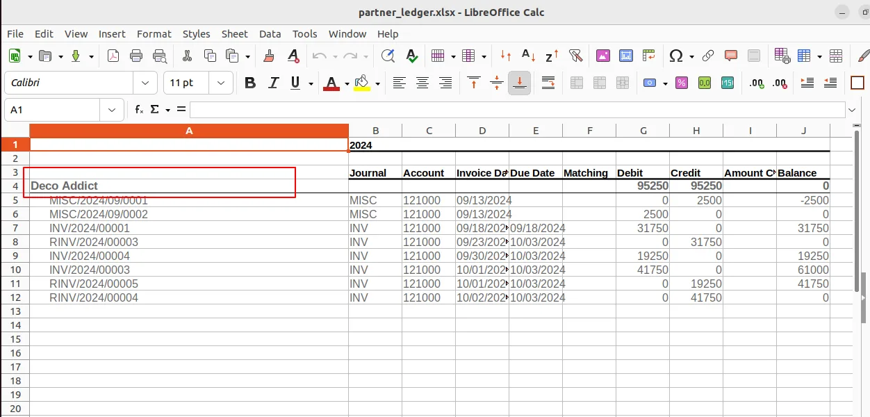 XLSX export of selected partner ledger rows generated from Odoo
