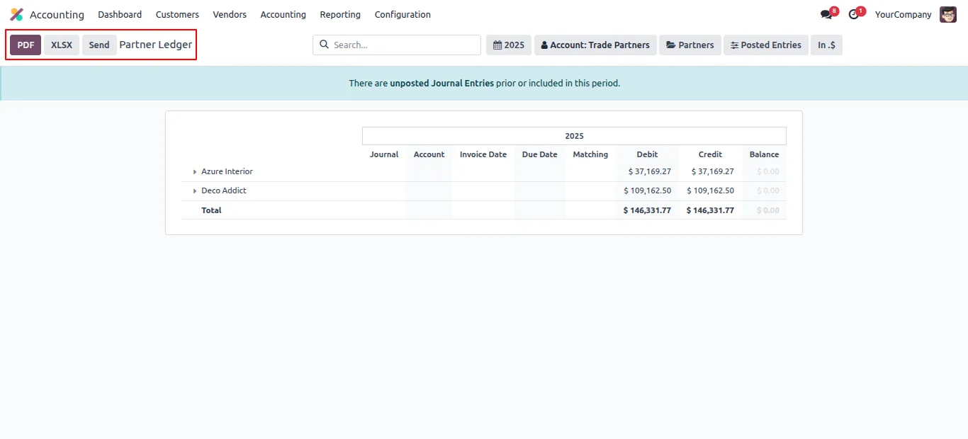 Standard Odoo Partner Ledger before installing the folded export module
