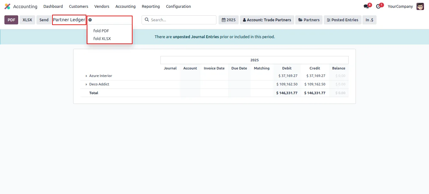 Partner Ledger after installation showing new fold export buttons in Odoo