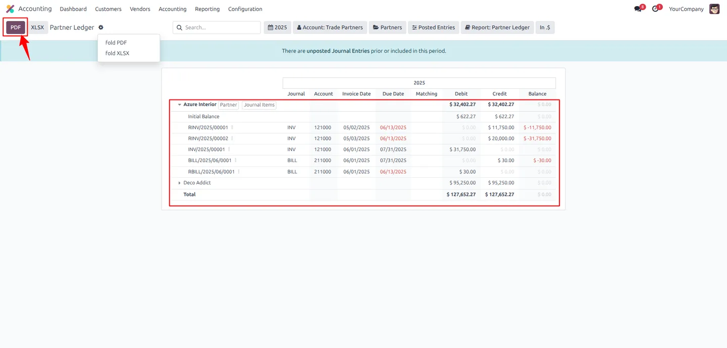 Base PDF export button on the Odoo Partner Ledger