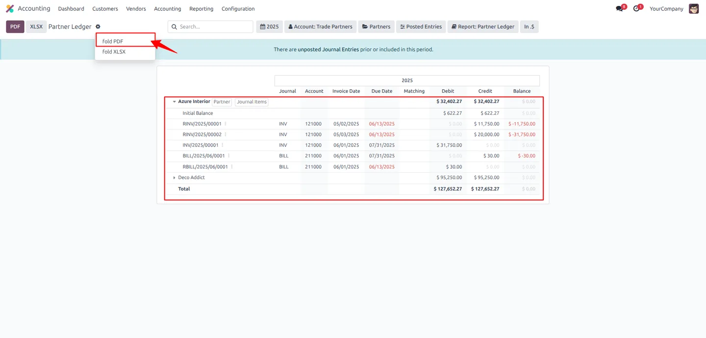 Fold PDF button on the Odoo Partner Ledger toolbar