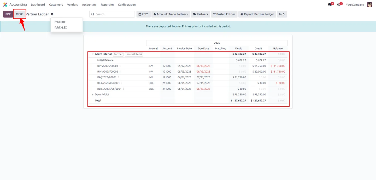 Base XLSX export button on the Odoo Partner Ledger